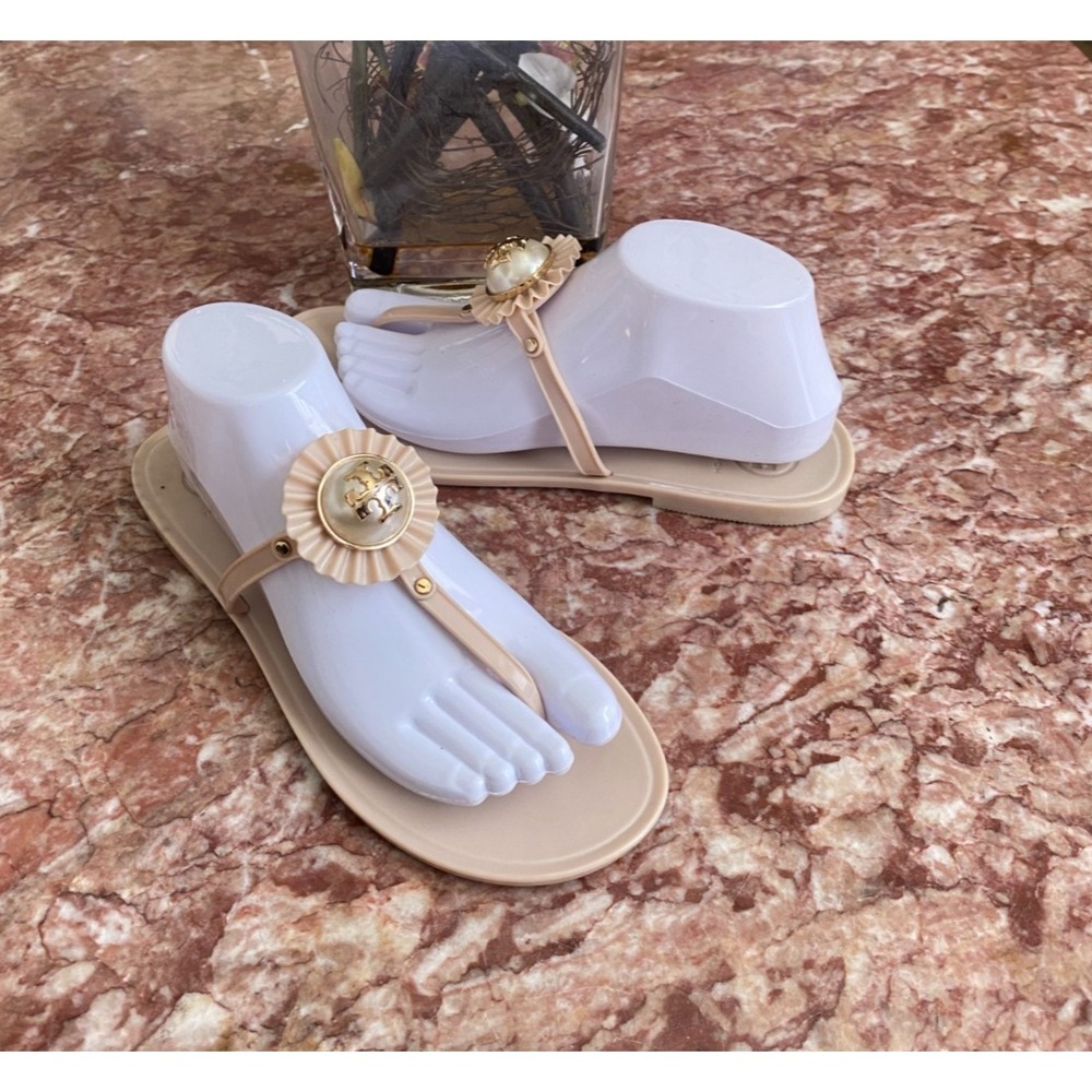 Tory Burch Melody Pearl Gold Logo Jelly Thong Sandals Size 8 EUC! $350